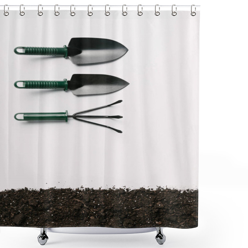 Personality  Top View Of Arranged Gardening Tools And Ground Isolated On White Shower Curtains