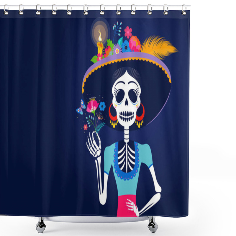 Personality  Dia De Los Muertos, Day Of The Dead, Mexican Holiday, Festival. Woman Skull With Make Up Of Catarina With Flowers Crown. Poster, Banner And Card With Sugar Skull Shower Curtains