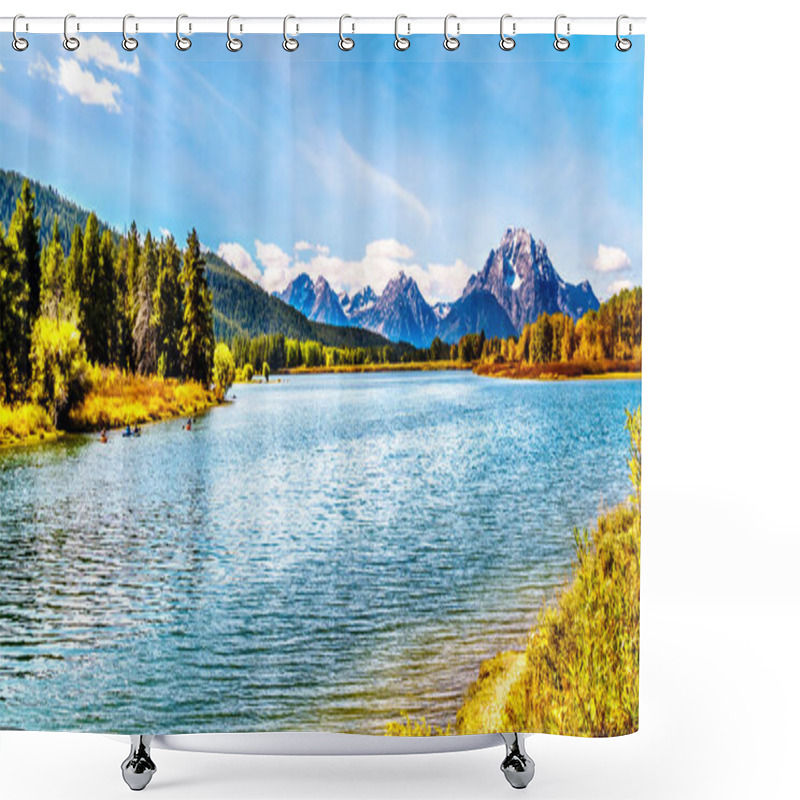 Personality  Mount Moran And Surrounding Mountains In The Teton Mountain Range Of Grand Teton National Park With Kayakers On The Snake River. Viewed From Oxbow Bend Of The Snake River In Wyoming, United Sates Shower Curtains