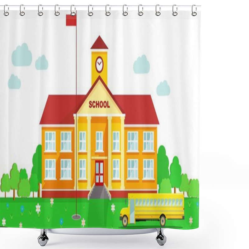 Personality  Panoramic Background With School Building And School Bus In Flat Style Shower Curtains