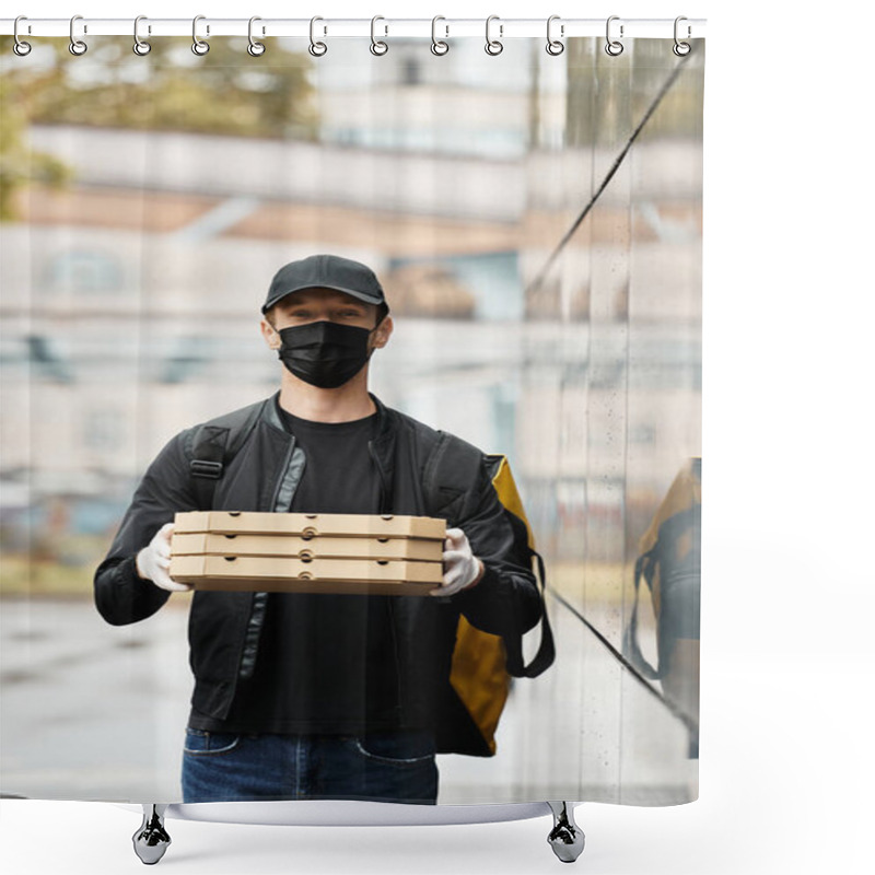 Personality  A Delivery Man Wearing A Medical Mask Carries A Stack Of Pizza Boxes To An Office Building Under Drizzling Rain. Shower Curtains