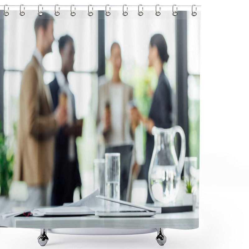 Personality  Selective Focus Of Four Multiethnic Colleagues Holding Disposable Cups Of Coffee And Smiling In Office Shower Curtains