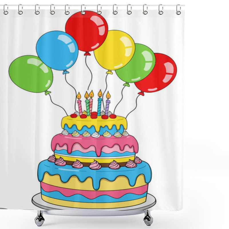 Personality  Birthday Cake And Balloons Clip Art. A Cheerful Birthday Cake With Colorful Balloons And Lit Candles, Perfect For Party Invitations Or Decorations. Shower Curtains