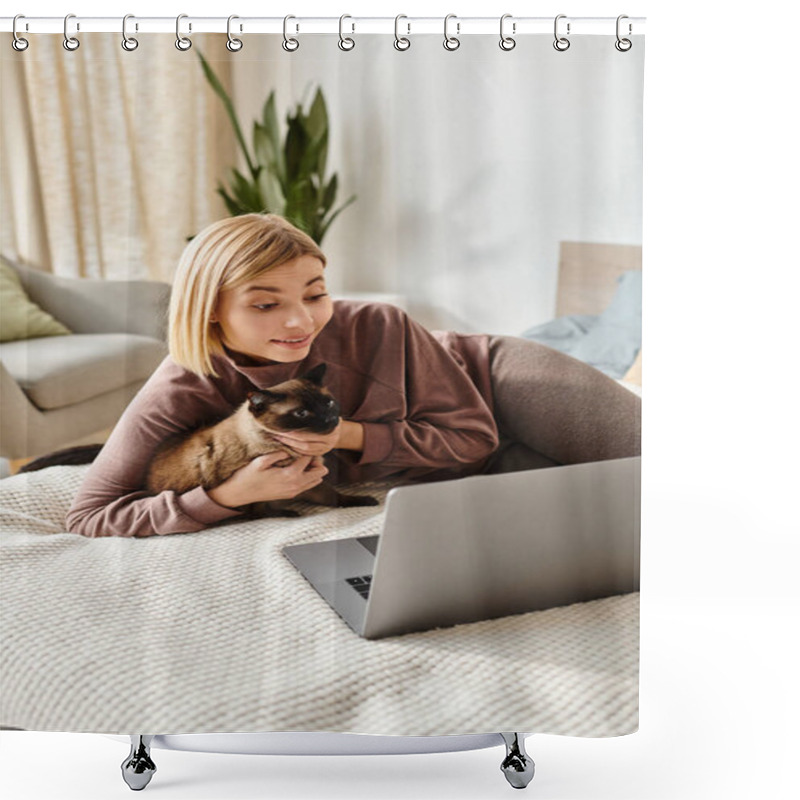 Personality  A Woman With Short Hair Relaxes On Her Bed, Accompanied By Her Cat And A Laptop. Shower Curtains