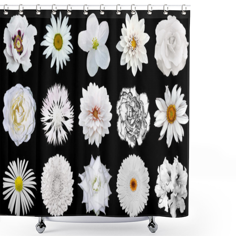 Personality  Mix Collage Of Natural Tender White Flowers 15 In 1: Peony, Dahlia, Roses, Flax Flower, Pelargonium, Gerbera, Chrysanthemum, Cornflower And Daisy Flower Isolated On Black Shower Curtains