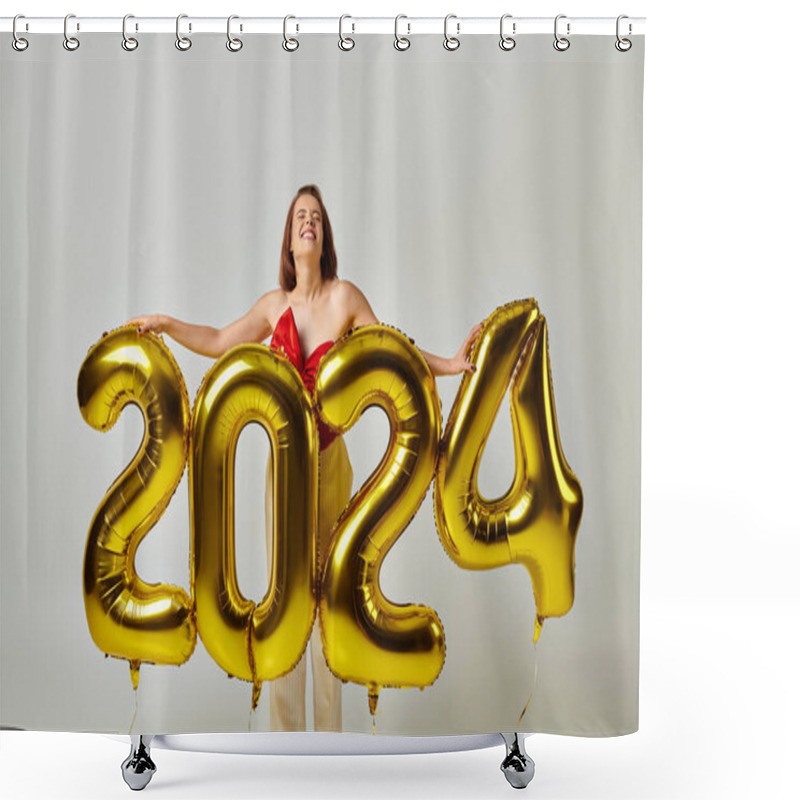 Personality  Happy New Year, Joyful Young Woman In Trendy Attire Holding Balloons With 2024 Numbers On Grey Shower Curtains