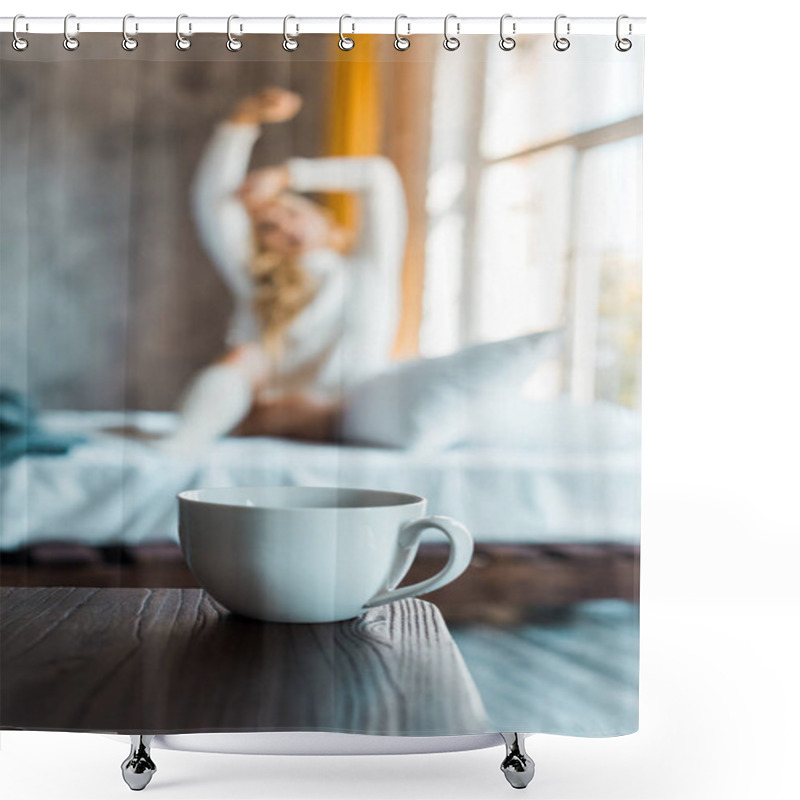 Personality  Selective Focus Of Attractive Woman In Sweater Stretching In Bedroom In Morning, Cup Of Coffee On Tabletop Shower Curtains