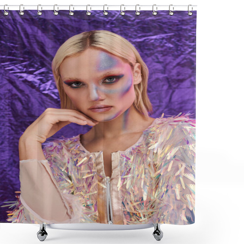 Personality  A Young Woman Showcases Her Fashion Sense With Holographic Accents. Shower Curtains