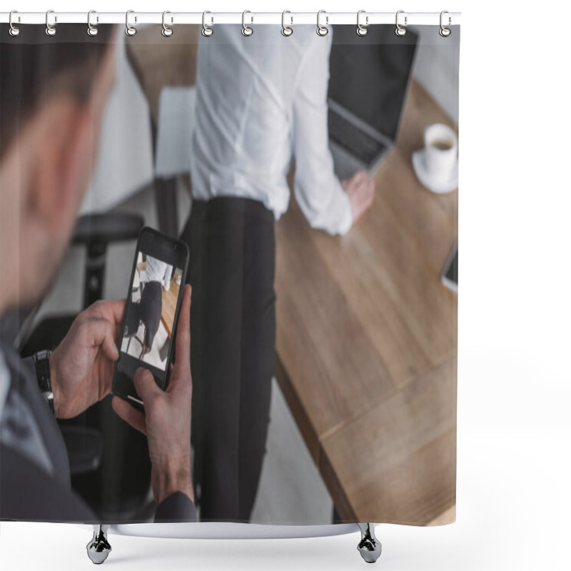 Personality  Selective Focus Of Businessman Taking Photo Of Buttocks Of Secretary On Smartphone Shower Curtains