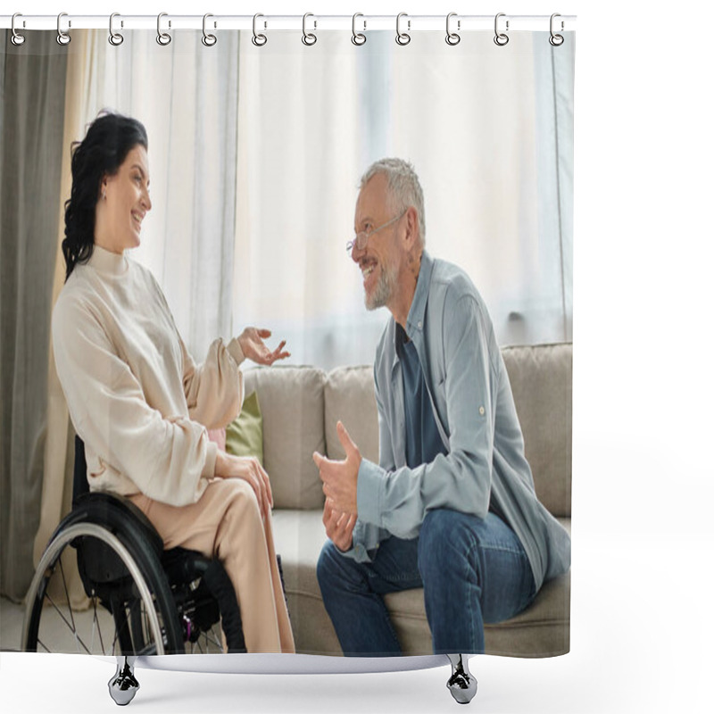 Personality  A Man Converses With A Disabled Woman In Wheelchair In A Cozy Living Room Setting. Shower Curtains