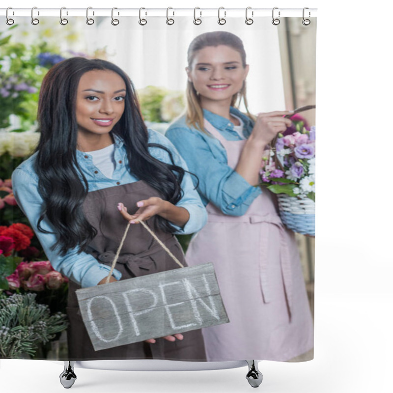 Personality  Multiethnic Florists With Open Sign Shower Curtains