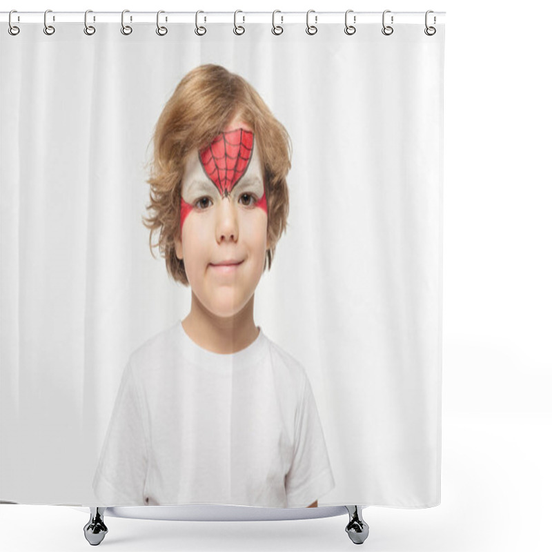 Personality  Cute Boy With Superhero Mask Painted On Face Smiling At Camera Isolated On White Shower Curtains