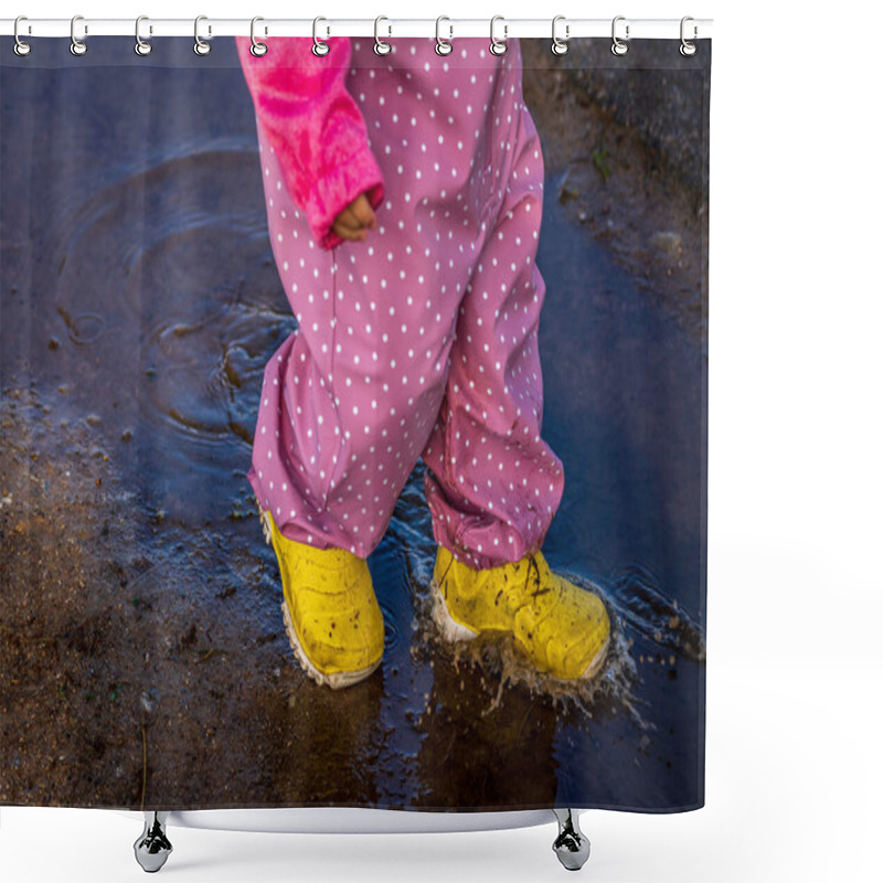 Personality  Child In Yellow Rubber Boots Splashes In A Puddle. Shower Curtains