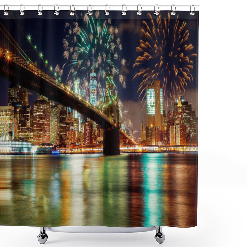 Personality  New York City's Brooklyn Bridge And Manhattan Skyline Illuminated Amazing Fireworks In Independence Day Shower Curtains