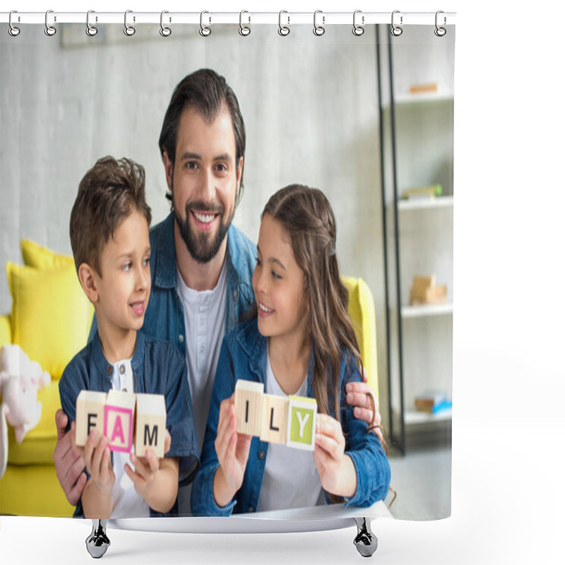 Personality  Happy Father With Two Adorable Kids Holding Cubes With Word Family Shower Curtains