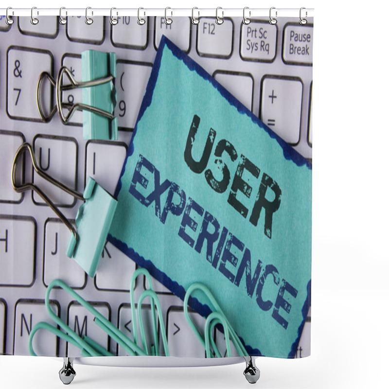 Personality  Handwriting Text User Experience. Concept Meaning Customer Experience Feedback Web Infrastructure Development Written On Sticky Note Paper Placed On White Keyboard Clips And Paper Pins Next To It. Shower Curtains