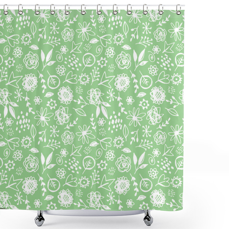 Personality  Seamless Pattern Flowers Leaves Abstract Doodle Hand Drawn Lines Scandinavian Style White Green Background. Fashion Print, Trend Of The Season Can Be Used For Gift Wrap Fabrics Wallpapers. Vector Illustration Shower Curtains