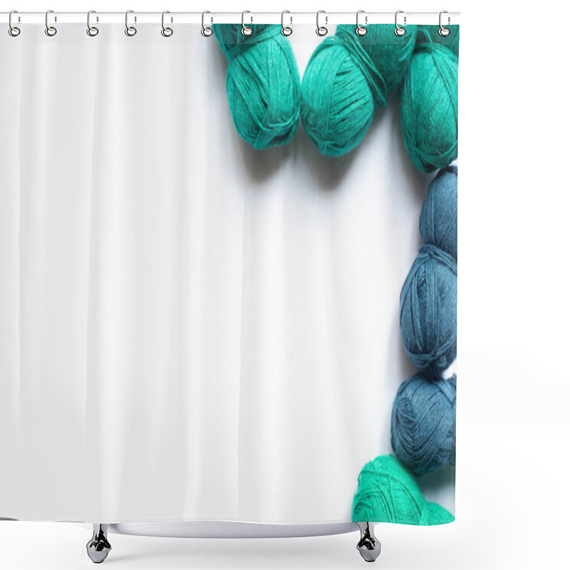 Personality  Top View Of Blue And Green Wool Yarn On White Background With Copy Space Shower Curtains