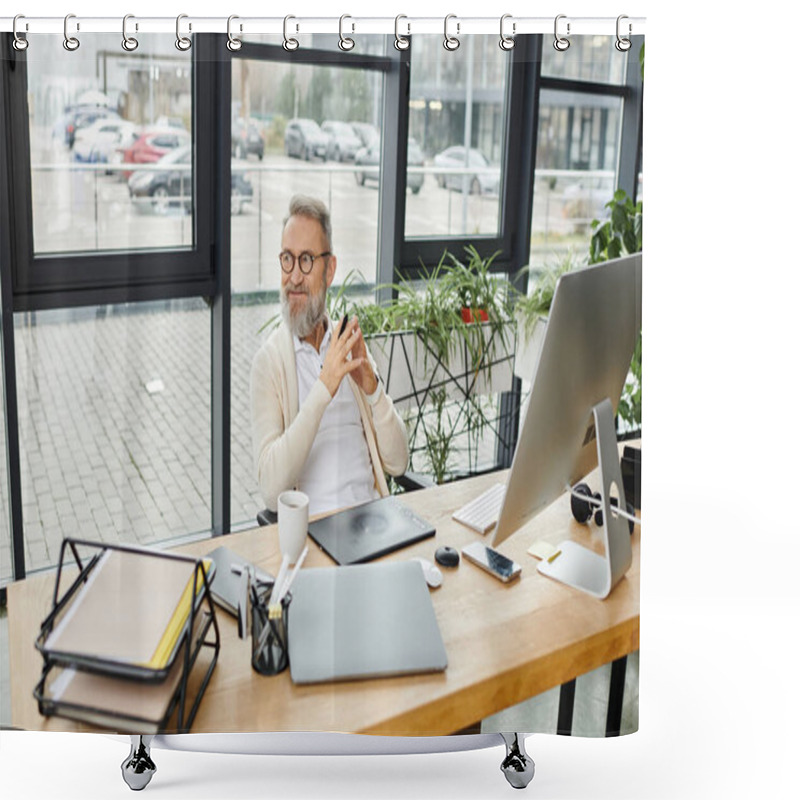 Personality  A Mature Handsome Man Sits Comfortably At A Desk, Focused On Work, Surrounded By Greenery. Shower Curtains