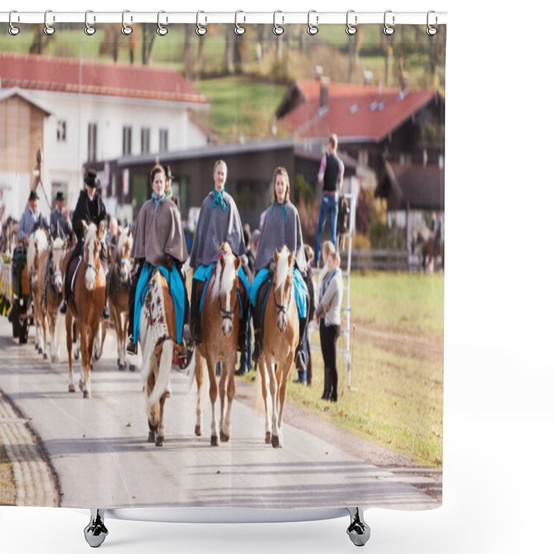 Personality  Hundham, Bavaria - November 4, 2017: Every Year On The 1st Saturday In November The Idyllic Horse Procession, Named Leonhardi In The Bavarian Hundham Takes Place In Memory Of Patron St. Leonhard. In Traditional Clothing And Decorated Horse-drawn Carr Shower Curtains