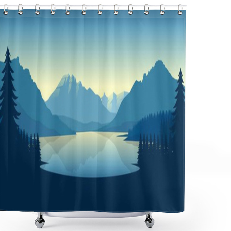 Personality  Blue Mountain Landscape Wallpaper In A Minimalist Flat Design Style Shower Curtains