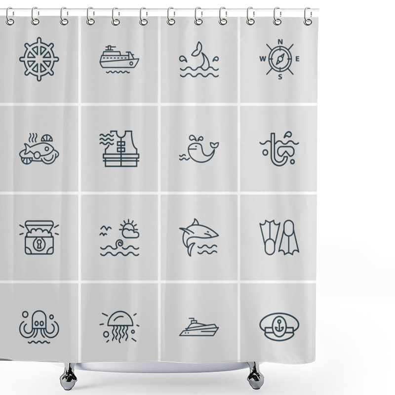 Personality  Vector Illustration Of 16 Naval Icons Line Style. Editable Set Of Yacht, Whale Tail, Shark And Other Icon Elements. Shower Curtains