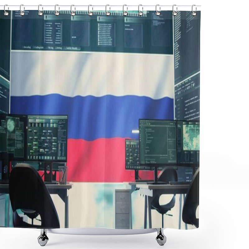 Personality  Governmental Cyber Operations Room With Russian Flag On Big Screen, Focusing On Information War And Trolling. Highlighting The Role Of Hackers In Spreading Disinformation And Crowd Control. Camera B. Shower Curtains