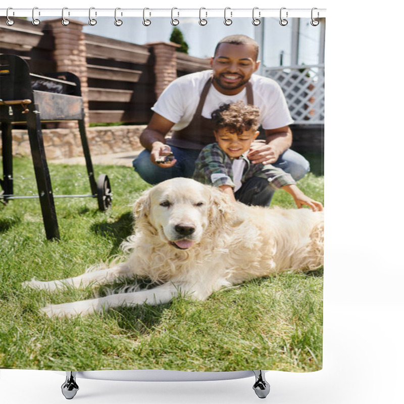 Personality  Smiling African American Man In Apron Holding Cooking Tongs And Looking At Family Dog Near Son Shower Curtains