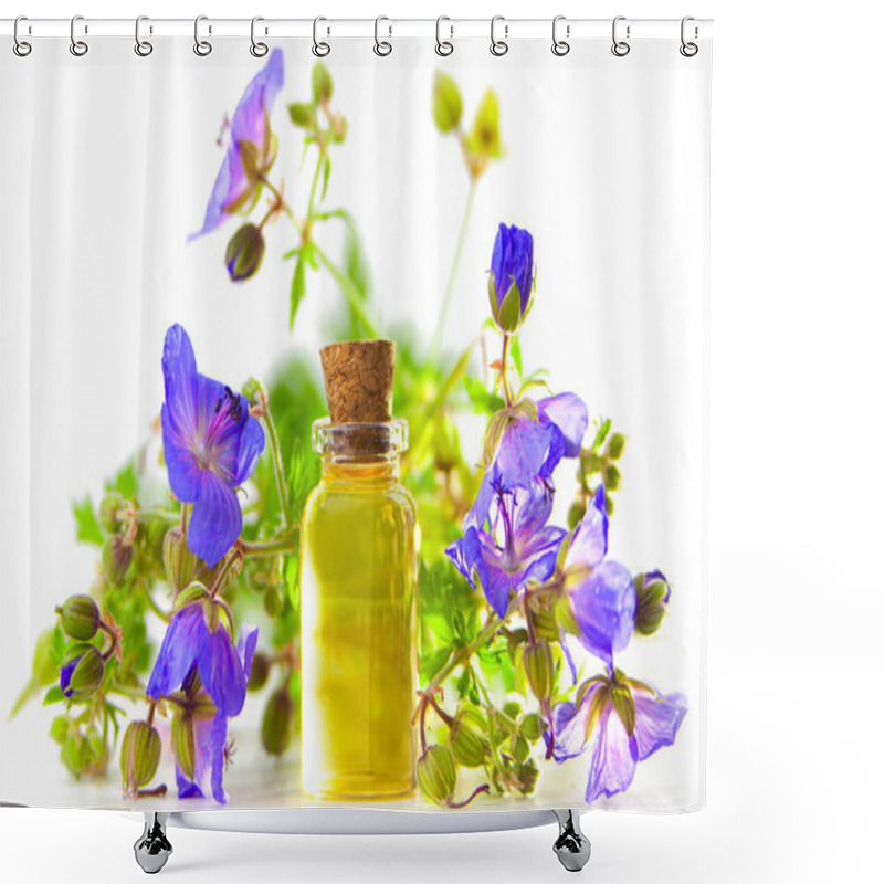 Personality  Meadow Geranium Essential Oil In  Beautiful Bottle On White Back Shower Curtains