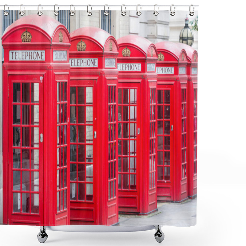 Personality  Five Red London Telephone Boxes All In A Row Shower Curtains