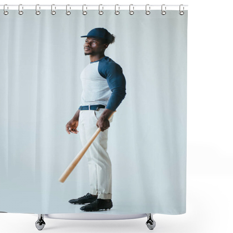 Personality  Handsome African American Sportsman Looking Away While Holding Baseball Bat On Grey Background Shower Curtains