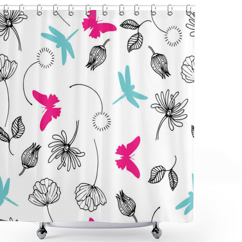 Personality  Butterfly And Dragonfly Vector Seamless Pattern Shower Curtains