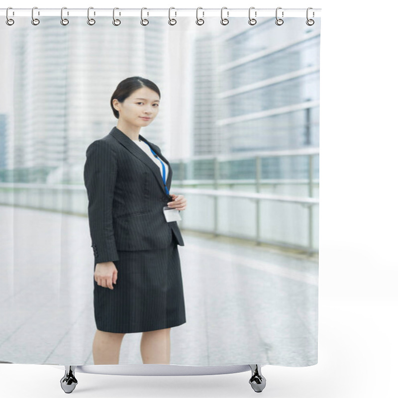 Personality  Portrait Of A Smiling Asian Young Business Woman Wearing A Suit Shower Curtains