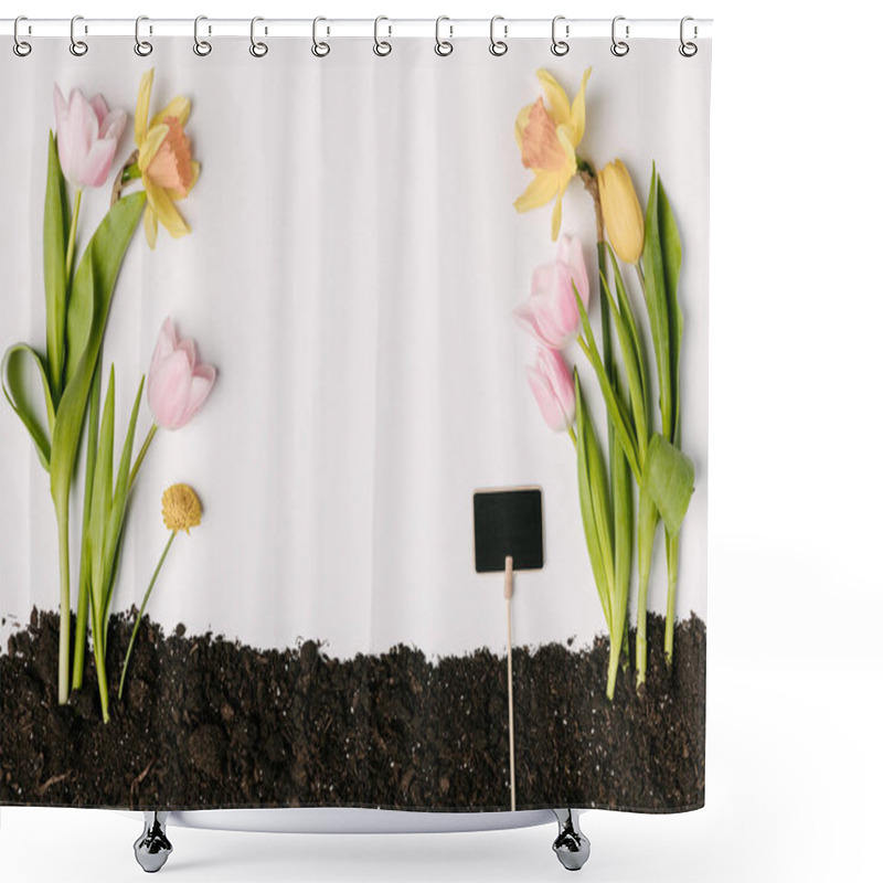 Personality  Flat Lay With Tulips, Narcissus, Chrysanthemum Flowers And Blank Blackboard In Ground Isolated On White Shower Curtains