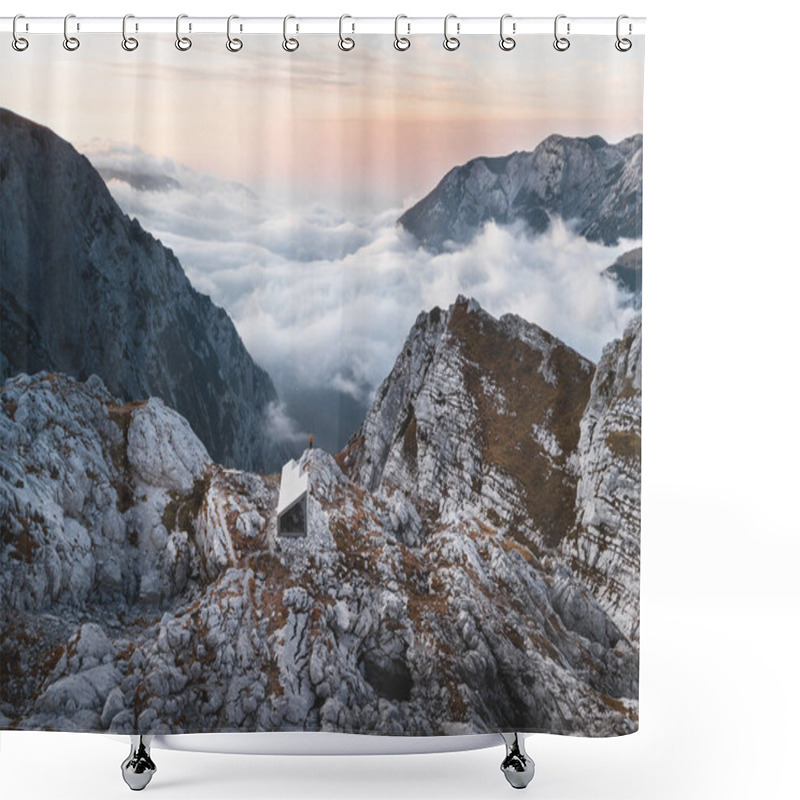 Personality  Beautiful Aerial Photo Of Misty Valley Surrounded By Rocky Mountains. Aerial View Of Amazing Slovenian Mountain Cabin Bivak Pod Skuto At Sunrise. Amazing View Above The Sea Of Clouds. Kamnik-Savinja Shower Curtains