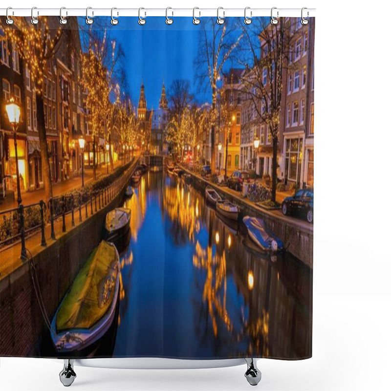 Personality  Christmas In Amsterdam Canals With Christmas Lights During December, Winter Evening At The Canal Historical Center Of Amsterdam At Night.  Shower Curtains