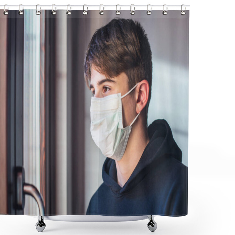 Personality  Young Boy With Protective Mask. Infection Fear Concept. Quarantine At Home. Stay At Home Shower Curtains