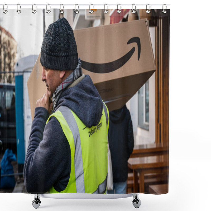 Personality  Berlin, Germany - January 27, 2020: Amazon Prime Delivery Man During A Work Shift. Amazon Is An American Electronic Online Commerce Company Shower Curtains