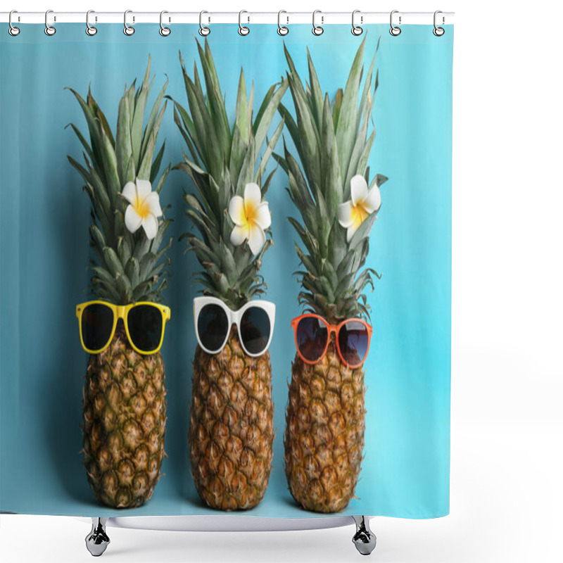 Personality  Funny Pineapples With Sunglasses And Plumeria Flowers On Light Blue Background. Creative Concept Shower Curtains