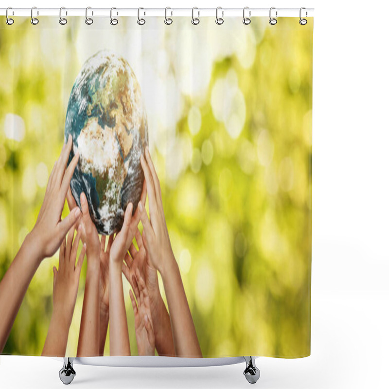 Personality  Group Of Children Holding Planet Earth Over Defocused Nature Background With Copy Space Shower Curtains