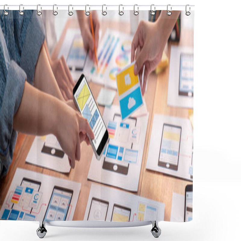 Personality  Panorama Shot Of Front-end Developer Team Brainstorming UI And UX Designs For Mobile App On Paper Wireframe Interface. User Interface Development Team Planning For User-friendly UI Design. Scrutinize Shower Curtains