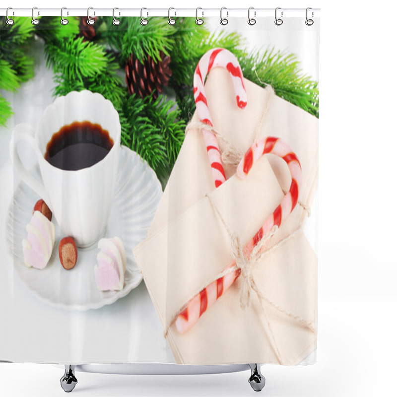 Personality  Christmas Candy Canes, Cup With Hot Drink And Letters For Santa, Isolated On White Shower Curtains