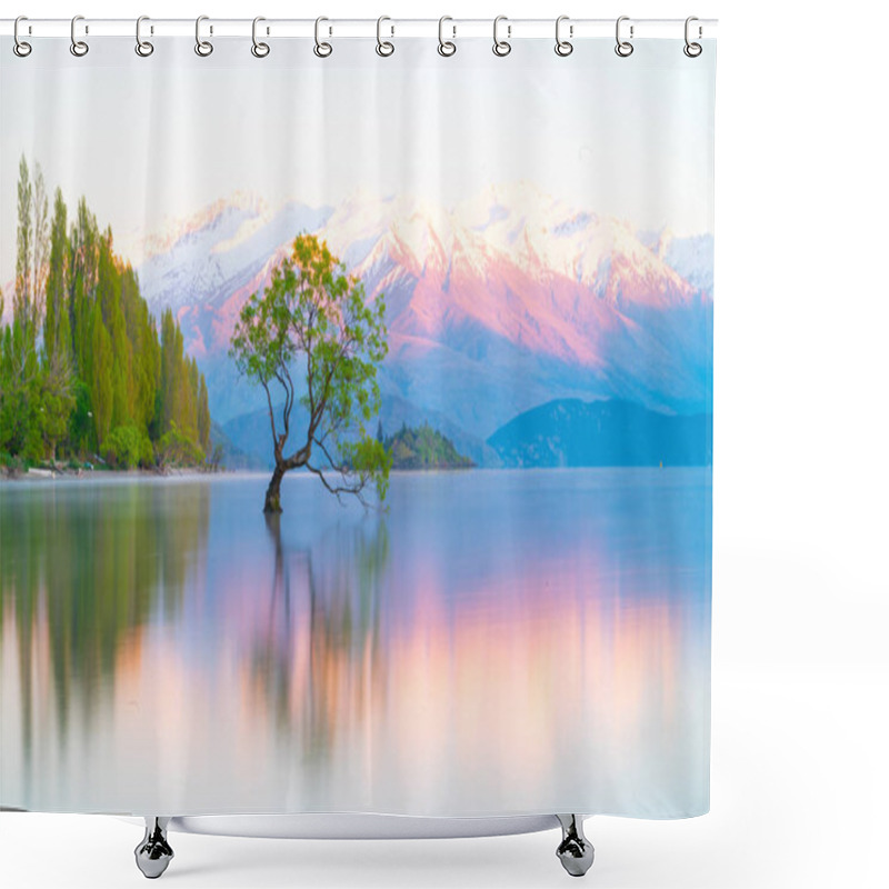 Personality  That Wanaka Tree, Willow Tree Growing In Lake Is Popular Tourist Scene In Long Exposure With Sunset Colors Reflected From Snow Covered Mountains Behind. Shower Curtains