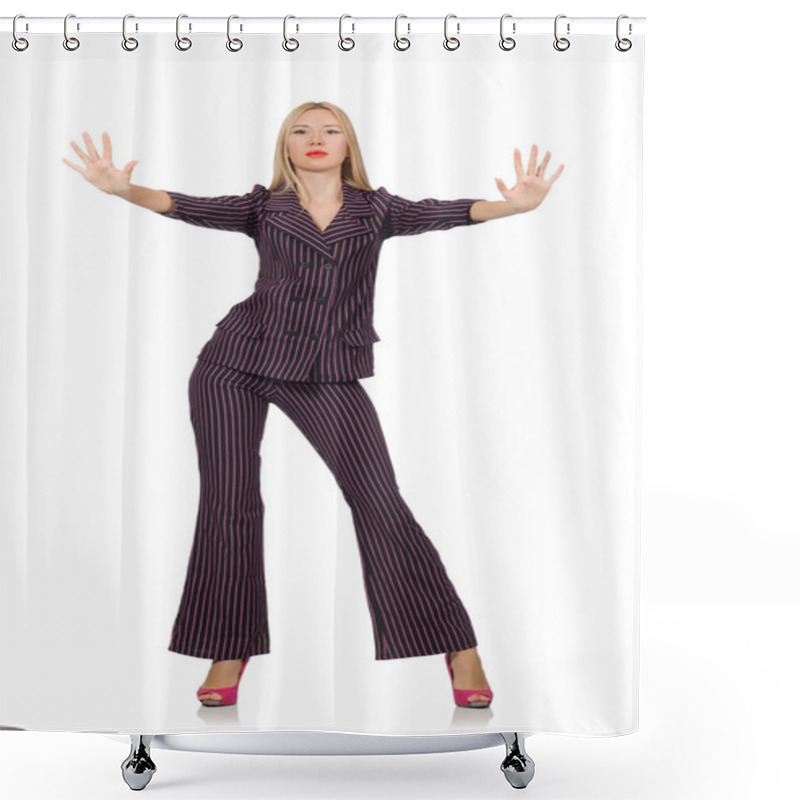 Personality  Pretty Girl In Purple Retro Suit Isolated On White Shower Curtains