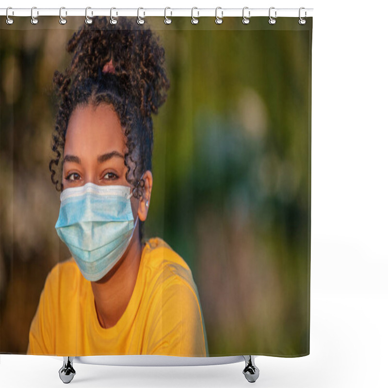 Personality  Mixed Race African American Teenager Teen Girl Young Woman Wearing A Face Mask Outside During The Coronavirus COVID-19 Pandemic Shower Curtains