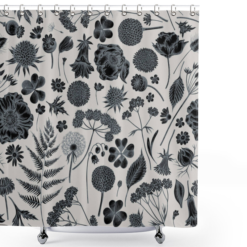 Personality  Seamless Pattern With Hand Drawn Stylized Shepherds Purse, Heather, Fern, Wild Garlic, Clover, Globethistle, Gentiana, Astilbe, Craspedia, Lagurus, Black Caraway, Chamomile, Dandelion, Poppy Flower Shower Curtains