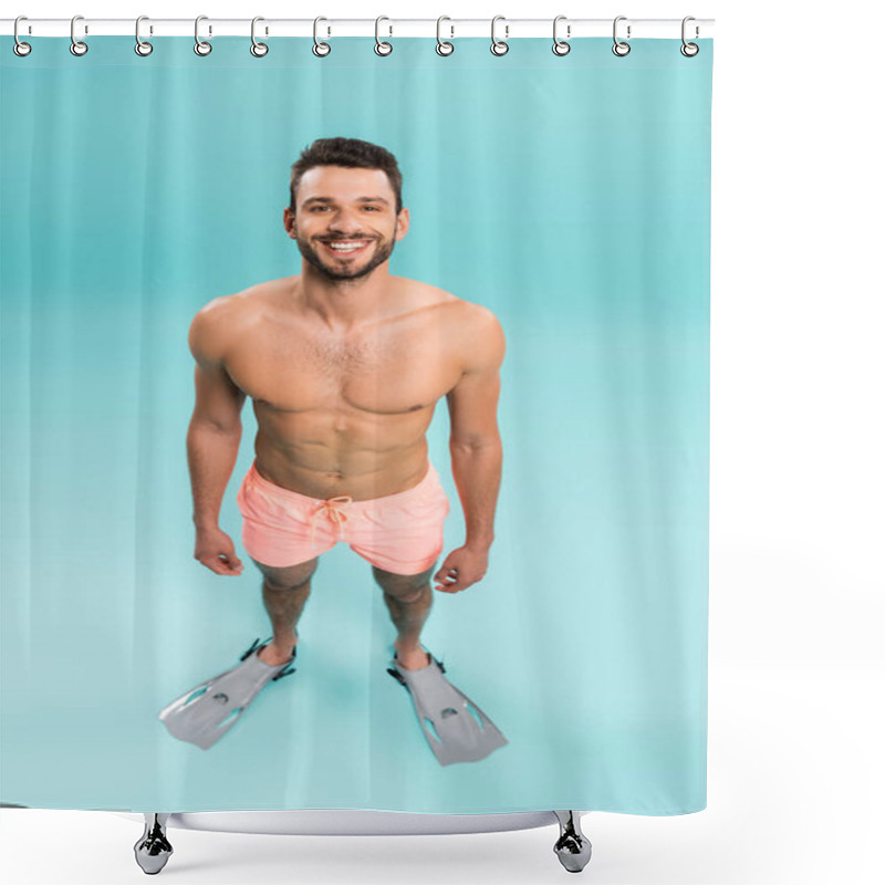 Personality  High Angle View Of Smiling Man In Shorts And Swimming Flippers On Blue Background  Shower Curtains