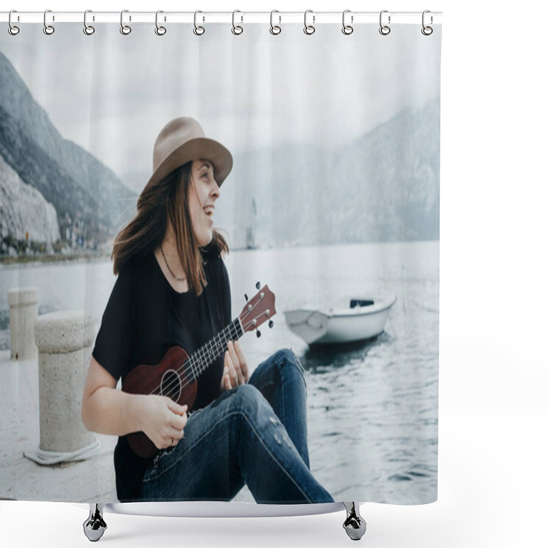 Personality  Young Woman In A Hat Plays On A Ukulele On The Background Of A B Shower Curtains