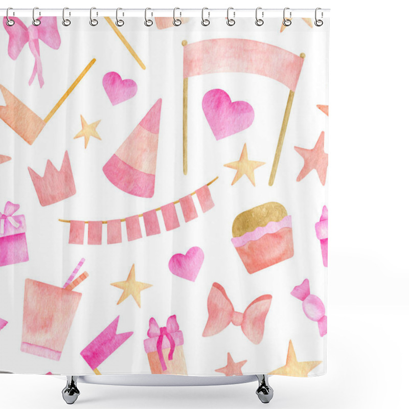 Personality  Watercolor Kids Party Seamless Pattern. Hand Drawn Cute Pink Design With Cake, Party Hat, Candy, Gift Box, Paper Flag, Garland, Ribbon Bow Isolated On White. Happy Birthday Background For Girls. Shower Curtains