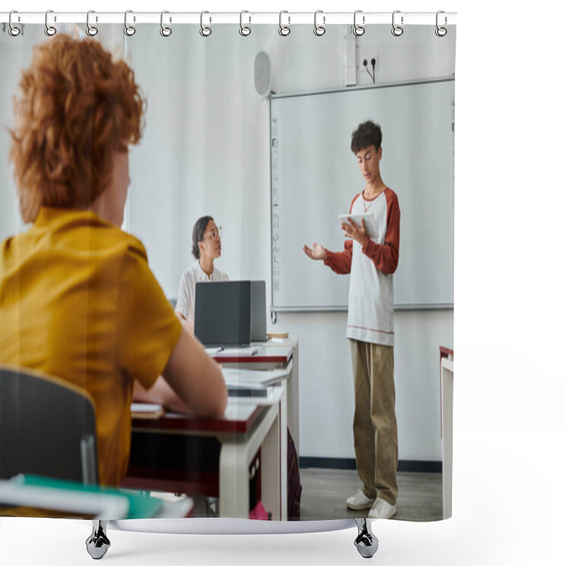 Personality  Teenage Schoolboy Talking While Holding Digital Tablet Near African American Teacher In Classroom Shower Curtains